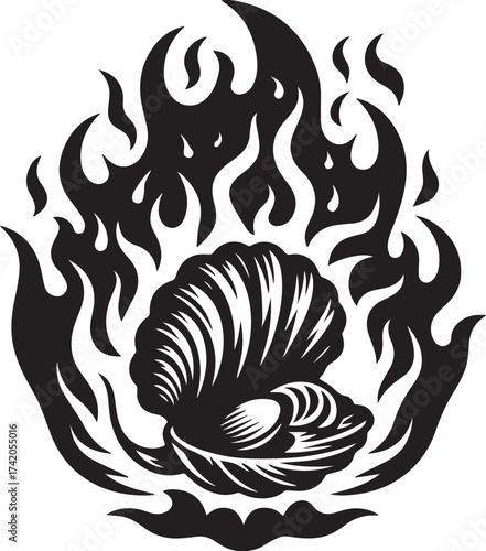 Intriguing illustration of a clam shell engulfed in flames, a symbol of passion and rebirth