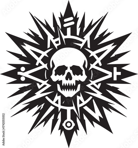 Intricate Black and White Skull Emblem Design Featuring Spikes and Geometric Elements