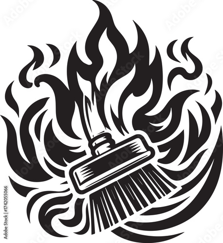 Conceptual Illustration of Burning Broom Symbolizing Cleaning and Destruction with Fire