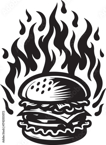 A stylized black and white illustration of a burger engulfed in flames, showcasing deliciousness