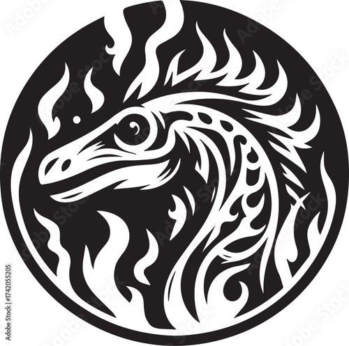 Dramatic black and white illustration of a dragon's head encompassed by flames in a circular design