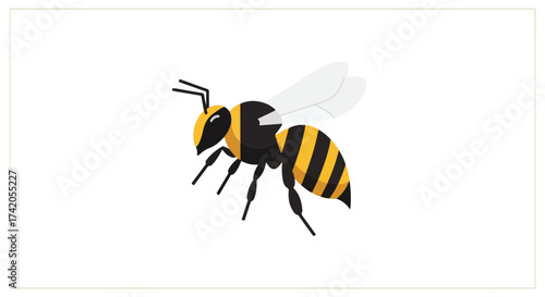 Stylized vector illustration of a bee with yellow and black stripes on a clean white background depicting pollination and honey production