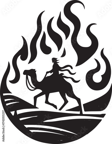 Silhouette of a camel rider with flames representing travel and adventure in the desert