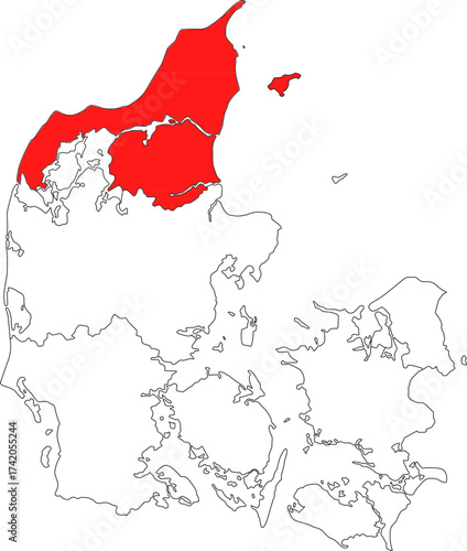 Detailed vector map of Denmark highlighting the North Denmark Region (Nordjylland), the northernmost territory containing the major port city of Aalborg.

