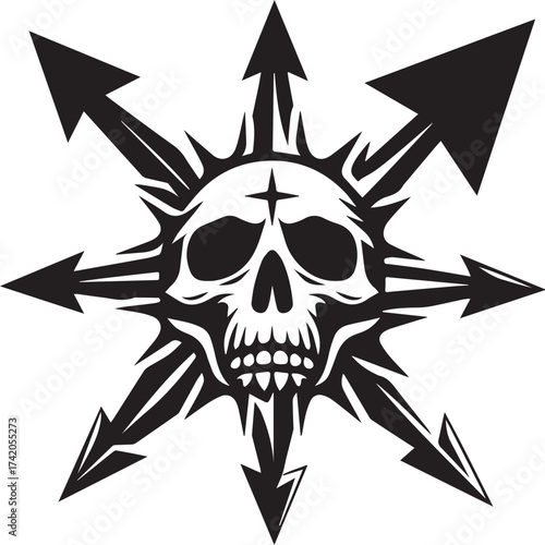 Intricate Black and White Illustration of a Skull with Arrows and a Spiked Halo, Symbolism