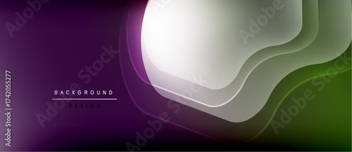 Abstract background features flowing layers. Purple, green, white hues blend smoothly. Minimalist design with text elements present.