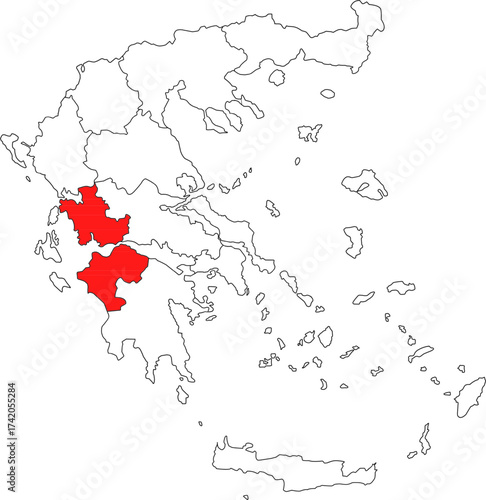 Detailed vector map of Greece highlighting West Greece (Ditiki Ellada), the major western region containing Patras and the historical site of Ancient Olympia.

