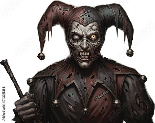 Zombie jester illustration, horror character design, stitched face, glowing yellow eye, twisted staff, creepy costume, Halloween monster, fear, menace, nightmare