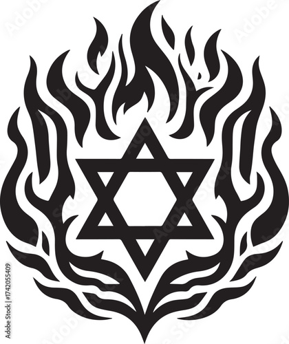 Symbolic Representation of the Star of David Surrounded by Flames in Black and White Design
