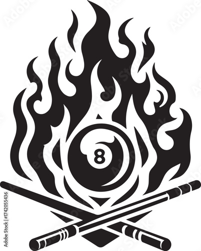 Fiery Eight Ball Logo with Crossed Cue Sticks, Ideal for Billiards and Pool Enthusiasts