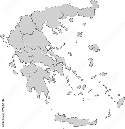 Detailed gray vector map of the Hellenic Republic (Greece), featuring all 13 administrative regions (Peripheries) and their internal borders.

