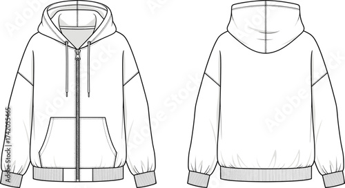 Hoodie front and back view, zip up sweatshirt fashion flat sketch, technical apparel template, vector clothing design, garment construction CAD illustration