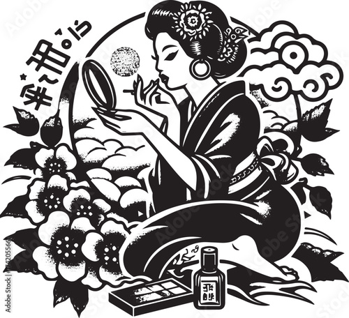 Geisha in Kimono Applying Makeup with a Mirror: Japanese Art and Cultural Illustration