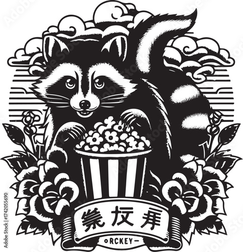 Charming black and white raccoon illustration enjoying popcorn surrounded by floral details