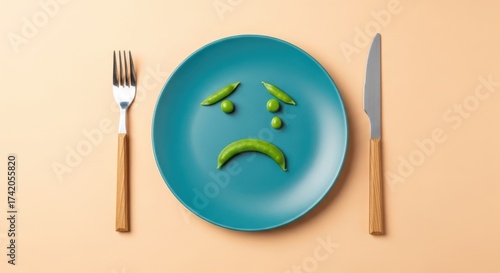 Sad Face Made of Peas on Plate Next to Silverware, Health Concept Showing Picky Eating and Vegetable Aversion 110chars