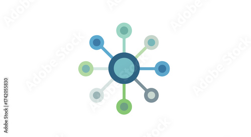 Interconnected Circular Network Displaying a Web of Communication and Information, Featuring Varied Blue and Green Tones, Linking Concepts and Data
