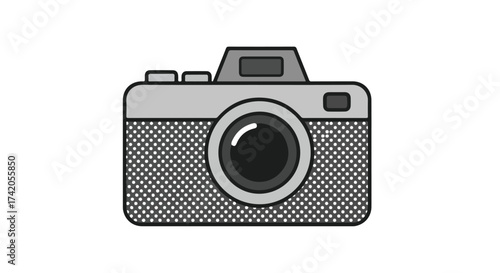 Stylized camera graphic with dot pattern, showcasing photography tools and design elements ideal for diverse creative applications