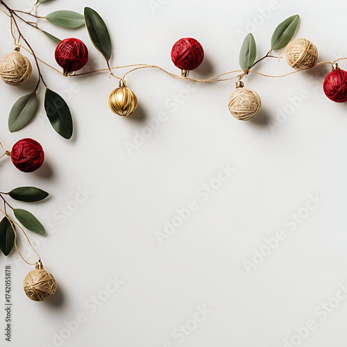 Festive decorations with red gold and beige ornaments on a white background