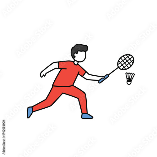 Active sportsman in red sportswear plays badminton hitting shuttlecock with racket on white background, dynamic action.