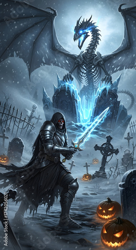 Dark Halloween Artwork with Dragon and Knight,
Halloween Moonlight Battle Illustration with Broom