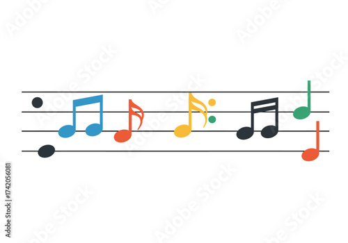 Colorful Musical Notes on Staff Lines a Vibrant Composition.