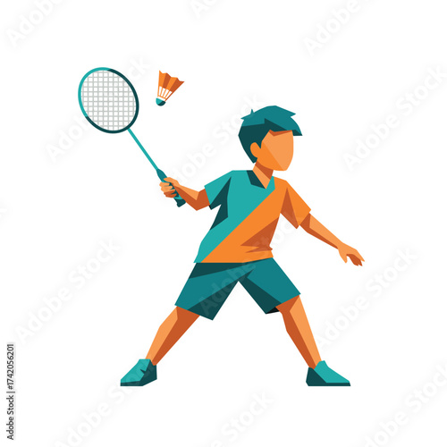 Young boy energetically playing badminton, hitting the shuttlecock with a racket in a dynamic pose.