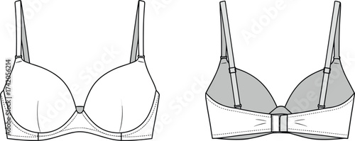 Bra front and back view, lingerie flat sketch, molded cup template, technical apparel drawing, vector clothing design, garment construction illustration, CAD fashion