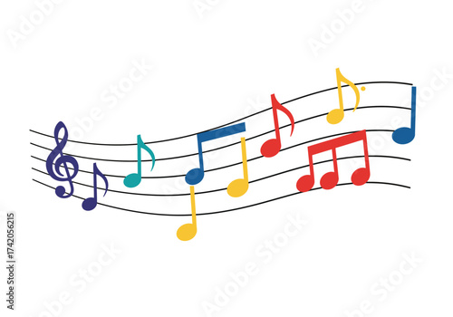 Colorful Musical Notes on Staff Lines Music Education Illustration.