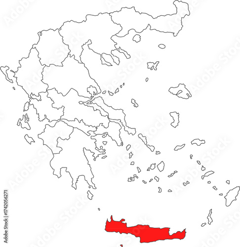 Detailed vector map of Greece highlighting Crete (Kriti), the largest and southernmost island, a major tourism and historical hub in the Mediterranean Sea.

