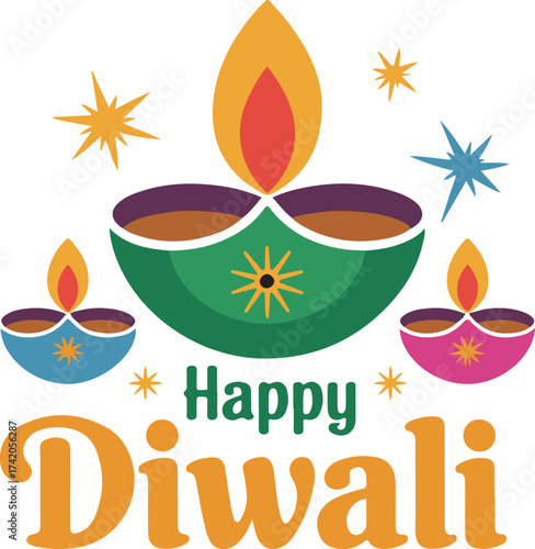 Vibrant diya lamps illuminate happy diwali celebration with festive sparklers