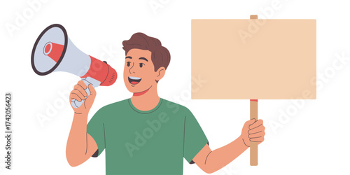 A cheerful man holding a blank protest sign and megaphone, perfect for campaigns, announcements, and social awareness designs.