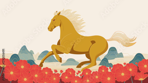 Elegant golden horse galloping through red flowers with mountains in the background, ideal for nature, freedom, and art concepts.
