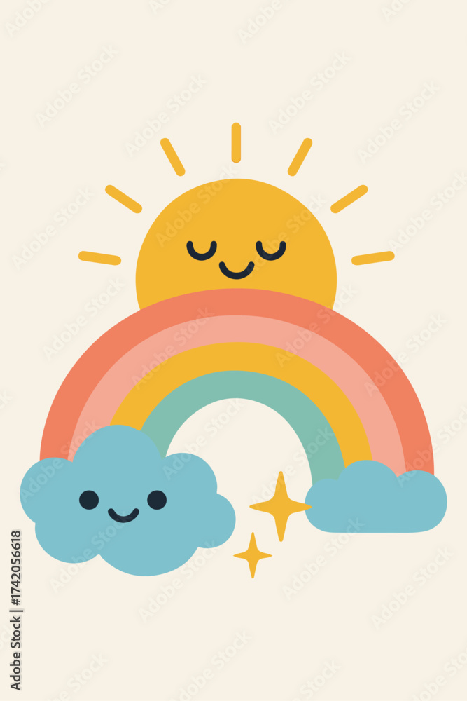 Fototapeta premium Rainbow Cloud Print Art, Eclectic Maximalist Wall Art, Retro Modern Abstract Clipart, Maximalist Home Decor
