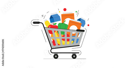 Stylized shopping cart illustration brimming with diverse grocery items representing consumerism and market trends