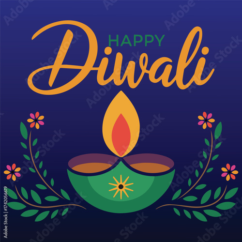 Vibrant happy diwali greeting card featuring a lit diya and floral accents