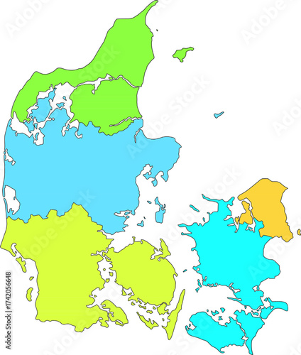 Detailed vibrant multicolored vector map of the Kingdom of Denmark, distinctly showing its 5 administrative Regions each in a different bright, eye-catching color.

