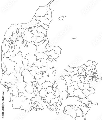 Highly precise detailed vector outline map of the Kingdom of Denmark, showing the national border and all 98 Municipal administrative divisions (Kommuner) and their borders.

