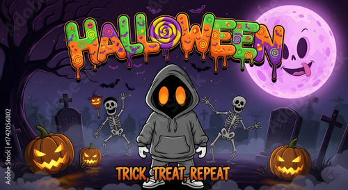 Scary Night Scene Halloween Celebration, Trick and treat skull