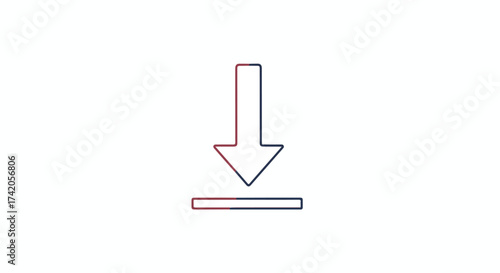 Gradient arrow pointing downwards towards a horizontal line, symbolizing data transfer and downloading concept, simple design download icon for web