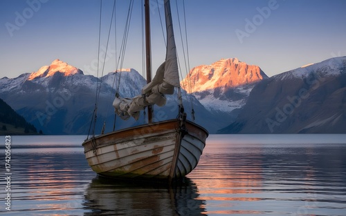 Wooden Sailboat in Calm Lake Water Mountains Landscape Scenery