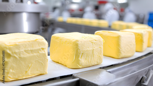 Uniform blocks of fresh butter moving down a clean factory production line.
