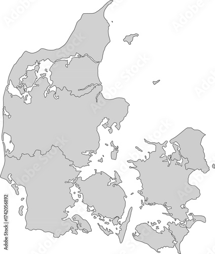 Detailed gray vector map of the Kingdom of Denmark, featuring its 5 administrative Regions with their internal borders.

