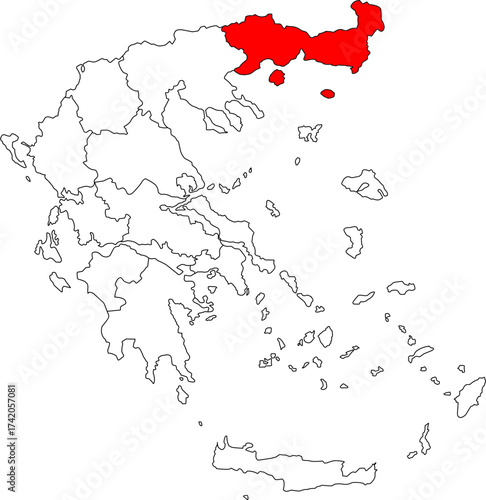 Detailed vector map of Greece highlighting East Macedonia and Thrace, the northeastern region bordering Turkey and Bulgaria, known for its diverse culture.

