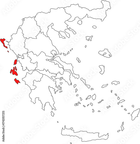 Detailed vector map of Greece highlighting the Ionian Islands (Ionia Nisia), the western archipelago famous for its history and beautiful Ionian Sea waters.

