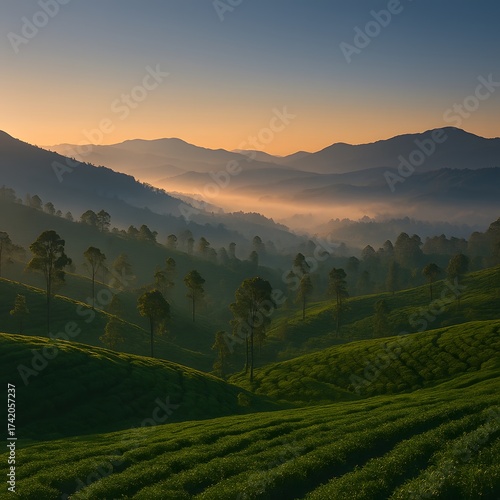 Sunrise in Tea Plantation Field Mountains Foggy Valley Landscape Scenery