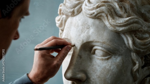 A person's hand carving a stone statue. Stone carving, ancient art, craftsmanship, skill, dedication
