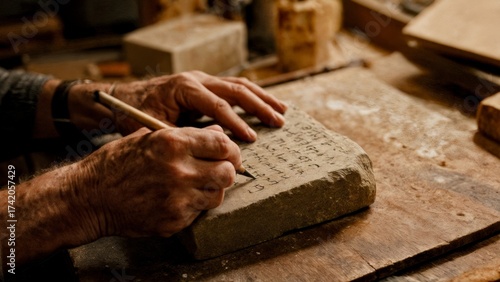 A person writing on a stone tablet with a chisel. Writing, ancient times, knowledge, communication, history
