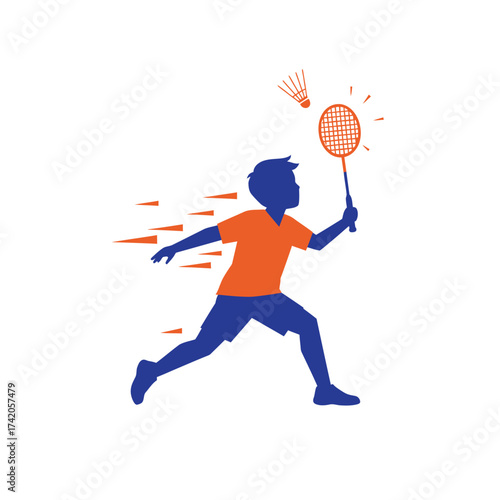 Energetic young boy playing badminton, hitting shuttlecock with racket in dynamic motion, illustration.