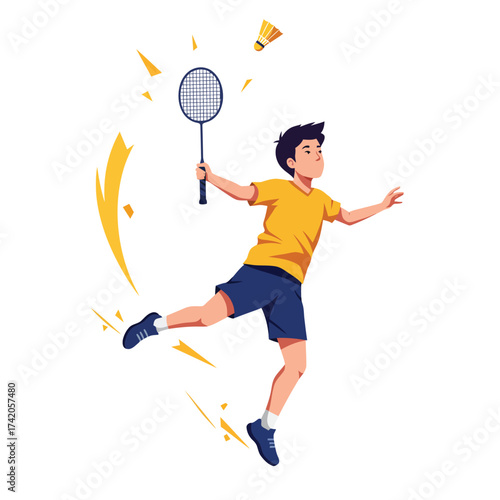 Young athletic boy energetically playing badminton and hitting the shuttlecock with a racket in mid-air.