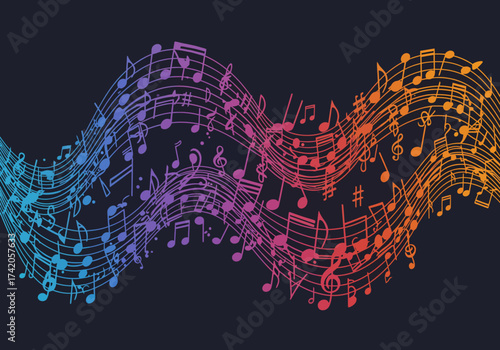 Colorful Wavy Music Notes Illustration on Dark Background.